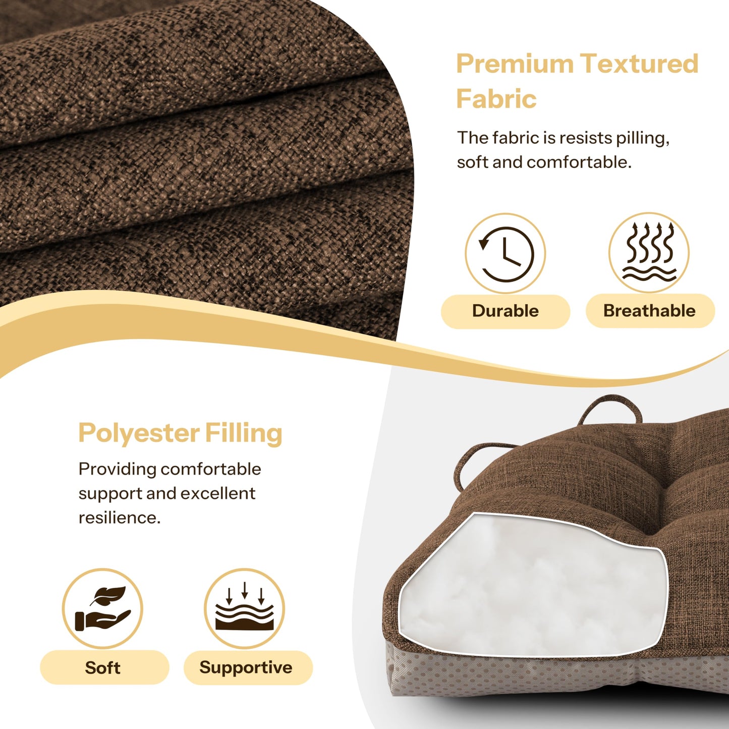 FlyGulls Non Slip Chair Cushions for Dining Chairs Set of 4 Kitchen Chair Cushions 18"x18"x3" Turfted Chair Pads Comfortable and Soft Seat Cushion with Ties, Coffee