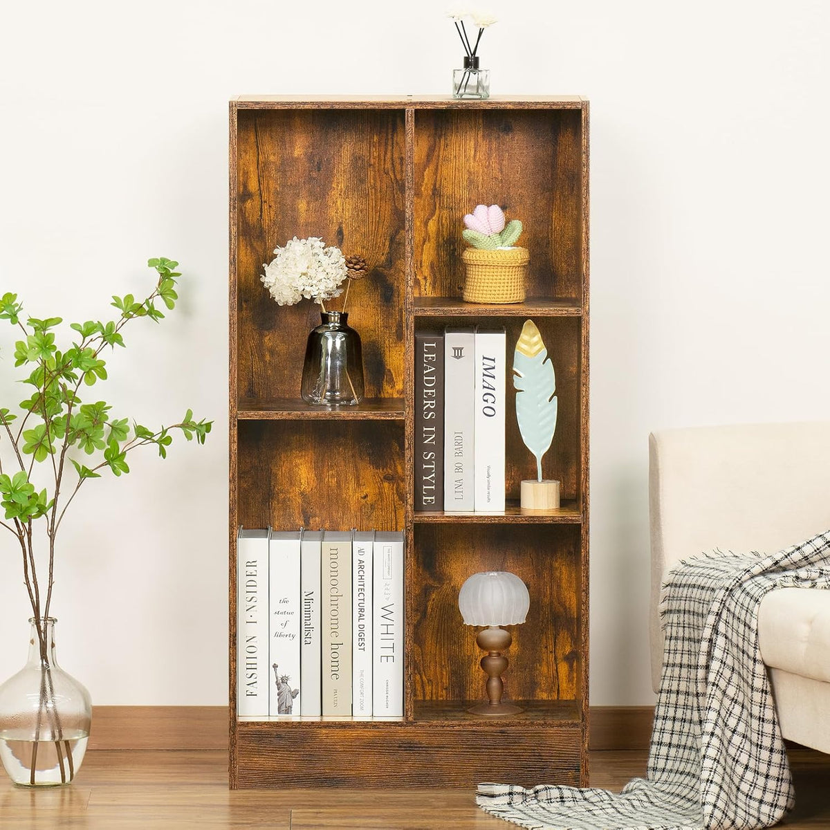 LEYAOYAO 5 Cube Mid-Century Modern Brown Wood Bookcase, 3 Tier Storage Organizer Shelf, Rustic Display Cabinet for Bedroom, Living Room, Office