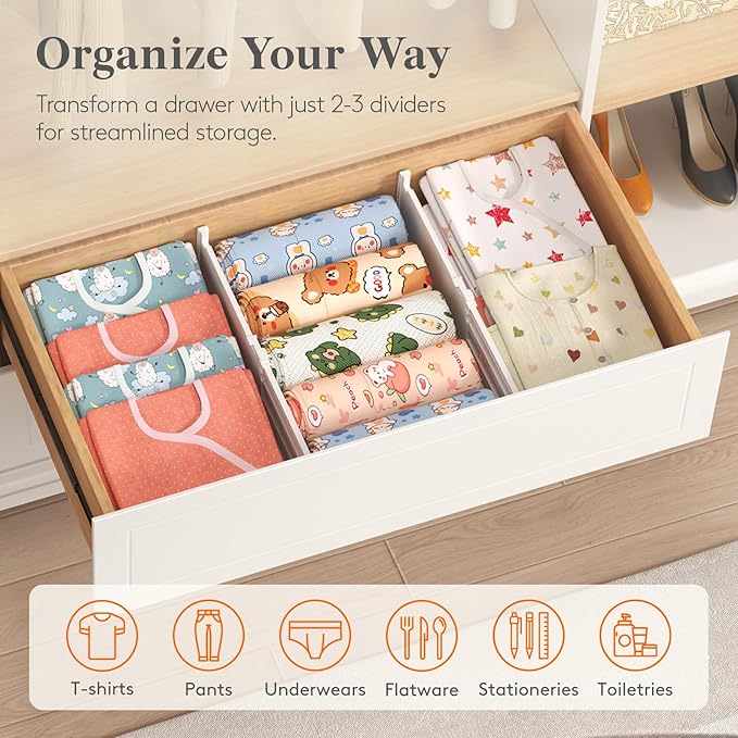 Lifewit 5" Tall 9 Pack Drawer Dividers, 30-47cm/11.5-18.5" Expandable Drawer Divider for Clothes, Adjustable Dresser Drawer Organizers, Drawers Separators for Dresser/Bathroom/Closet/Kitchen White