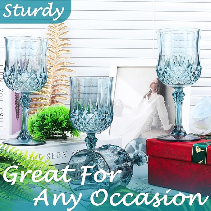 Plastic Wine Glasses, Plastic Goblets Vintage Style Cordial Unbreakable Drinking Glasses, Reusable Drinkware for Wedding Reception, Grand Event Party Supplies (24, Dusty Blue)
