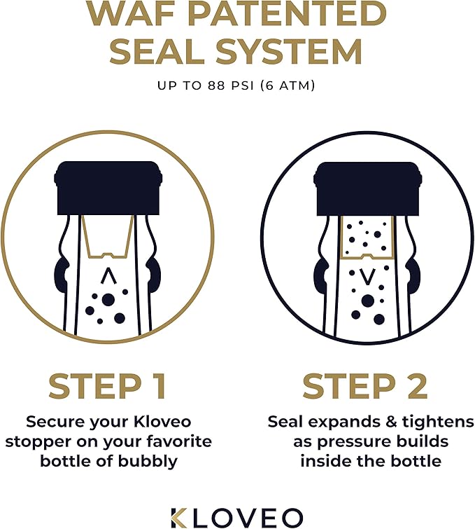 KLOVEO Champagne Stopper Black - Patented Seal - Made in Italy - WAF Plastic Bottle Stopper - Prosecco, Sparkling Wine, Cava