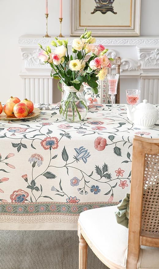 ISAENNE Designer Chinoiserie Linen Floral Square Tablecloth,White Wrinkle Resistant Table Cloth,Elegant Decor Tablecloths for Dining Thanksgiving Kitchen Party Christmas,67"*67"-Daffy
