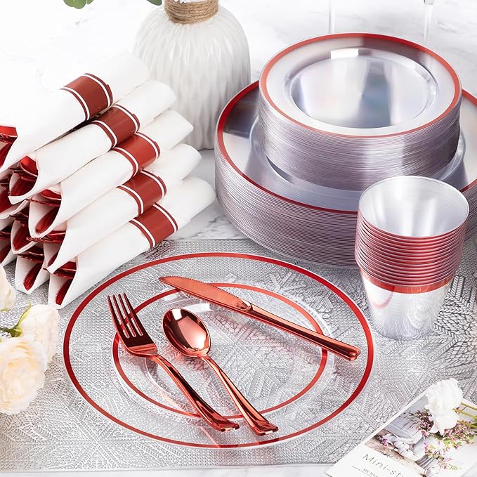Goodluck 700 Piece Red Plastic Dinnerware Set for Party, Clear Disposable Plates for 100 Guests, Include: 100 Dinner Plates, 100 Dessert Plates, 100 Pre Rolled Napkins with Cutlery Set, 100 Cups