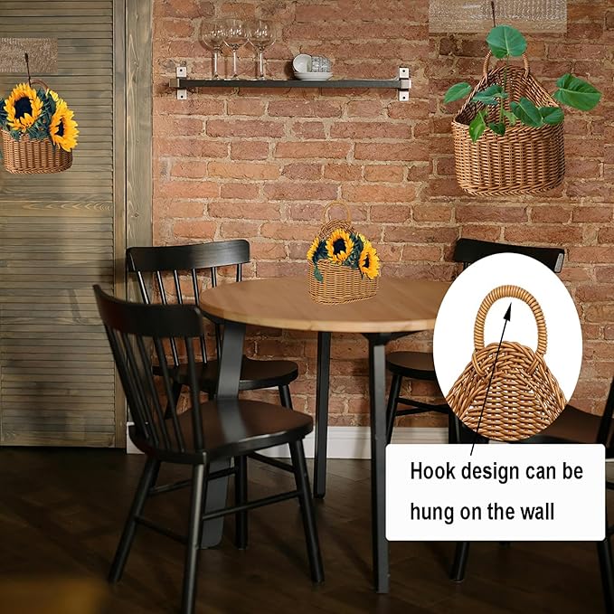2Pcs Hanging Storage Baskets, Plastic Woven Hanging Basket with Hook, Flower Bin with Handle Kitchen Wall Basket for Ginger Garlic(Brown)
