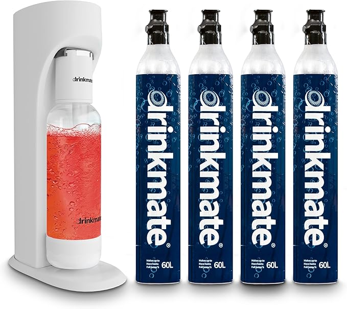 Drinkmate OmniFizz Sparkling Water Maker & Soda Streaming Machine | Carbonates Any Drink | PREMIUM KIT | Includes Four 60L CO2 Cartridges + One BPA-Free Bottle (Classic White)
