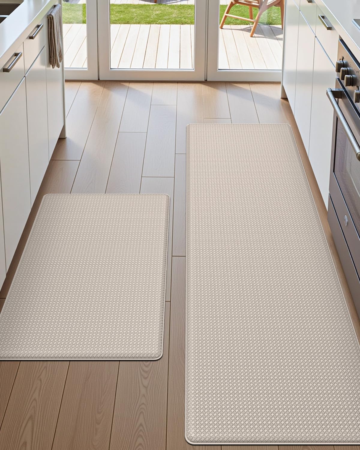 DEXI Kitchen Floor Mats Cushioned Anti Fatigue,17x29+17x59, Standing Runner Rug Waterproof, Comfort Memory Foam Padded for Front Sink Laundry Set of 2, Beige