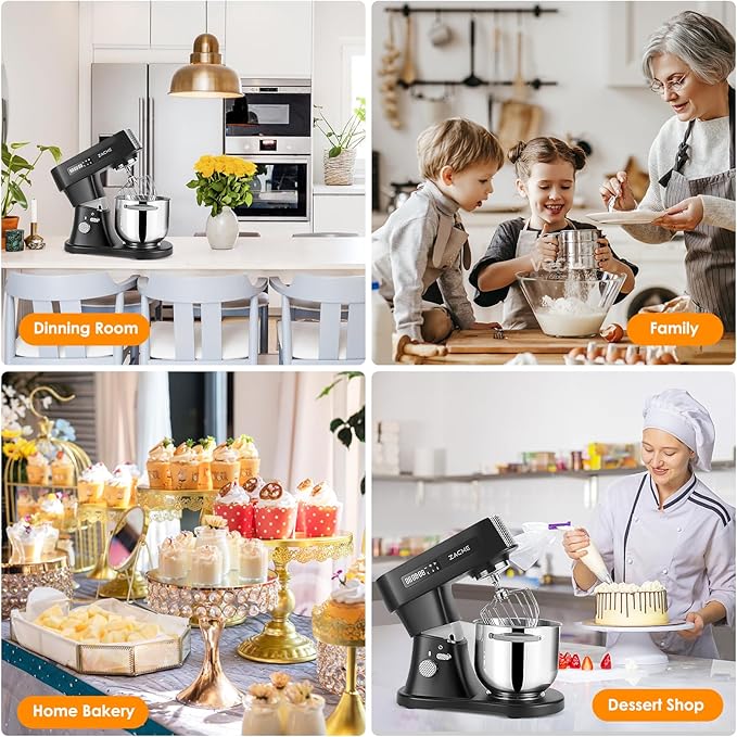ZACME 7.4QT Household Stand Mixer 800W with Aluminum Die Casting Mixers Kitchen Electric Stand Mixer Metal Dough Mixer with Stainless Steel 7L Bowl, Dough Hook, Whisk and Beater, Black