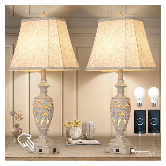 29.5"H Touch Control Traditional Table Lamp Set of 2,Vintage Bedside Lamp Nightstand Lamps with Dual USB Ports,3-Way Dimmable Hollow Out Leafwork White Washed Finish Desk Lamps for Living Room,Bedroom