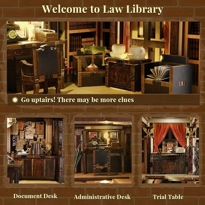 CCCDF DIY Book Nook Kit for Adults and Teens, Miniature Dollhouse Booknook Kit, 3D Wooden Puzzle Booknook Bookshelf Bookcase Model Build Kit Decor Alley with LED Light (Law Library)
