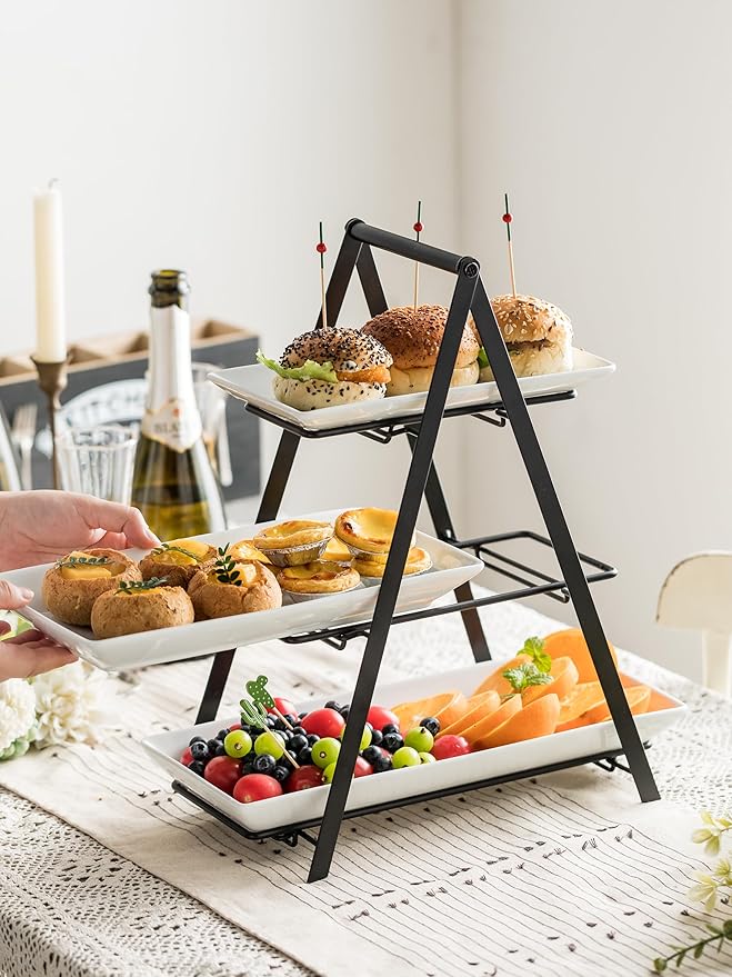 YHOSSEUN 3 Tier Serving Tray Tiered Tray Stand, Ceramic Serving Platters and Trays with Metal Rack, 10+12+14 Inch Large Serving Trays for Party 3 Tier Serving Stand Dessert Display Set, Black