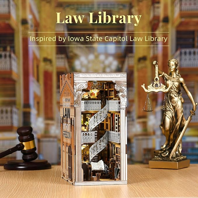 CCCDF DIY Book Nook Kit for Adults and Teens, Miniature Dollhouse Booknook Kit, 3D Wooden Puzzle Booknook Bookshelf Bookcase Model Build Kit Decor Alley with LED Light (Law Library)