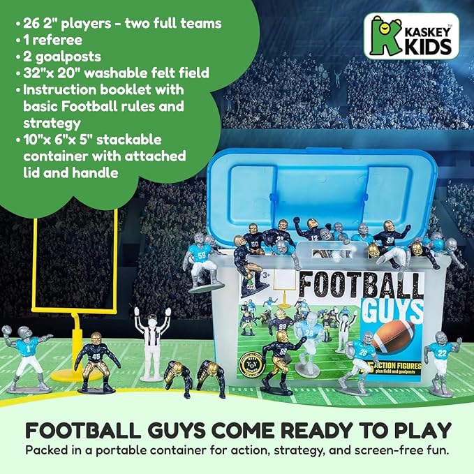 Kaskey Kids Football Guys, Blue Yellow vs. Black Gold 30 Pieces in Each Set, Includes 2 Teams, Accessories, and Travel Storage Case, Nostalgic Sports Action Figures for Imaginative Play