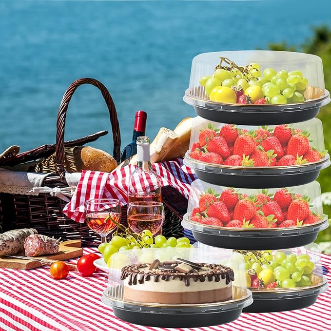 FEOOWV 10inch Round Clear +Gold Cake Carriers for Transport Plastic Cake Containers Carriers with Dome Lids and Cake Boards Clear Bundt Cake Boxes (10)