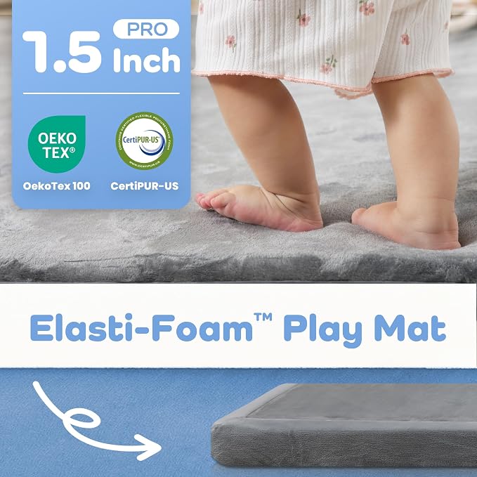 1.5" Thick Padded Baby Play Mat for Floor Tummy Time, Pro Soft Foam Activity Playroom Playmats, Easy Care with Non-Slip Safe for Infant Toddlers Crawling 79"x 79" (Dark Grey)