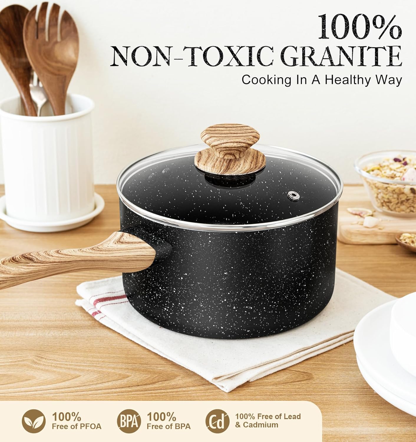 MICHELANGELO 3 Quart Saucepan with Lid, Nonstick Sauce Pan with Lid, Small Sauce Pot, Granite Coating Sauce Pan 3 Quart, Non Stick Stone Pot with Ergonomic Bakelite Handle