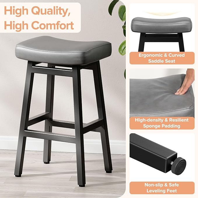 29 Inches Bar Stools Set of 2, Bar Height Barstools for Home Counter, Blackless Barstool with Bonded Leather Saddle Seats & Heavy Duty Metal Legs, Easy Assembly, All Black