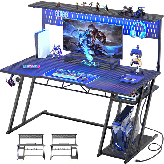 Armocity Gaming Computer Desk with Hutch and LED Lights, 53'' Black Gaming Desk with Storage Shelves, Reversible PC Gamer Desks with Pegboard, Ergonomic Desk for Bedroom, Carbon Fiber Surface