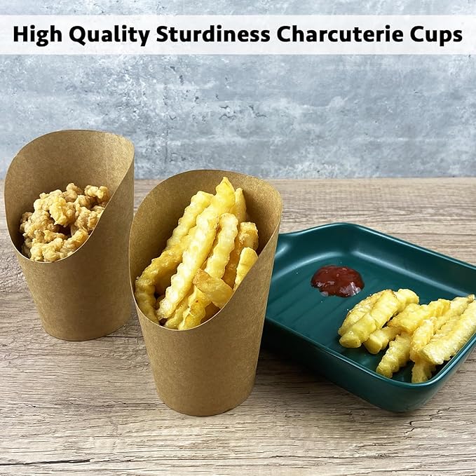 CAMKYDE 100 Pcs French Fries Holder, 14oz Disposable Paper French Fry Cups Charcuterie Cups for all Occasions (14oz, Brown)