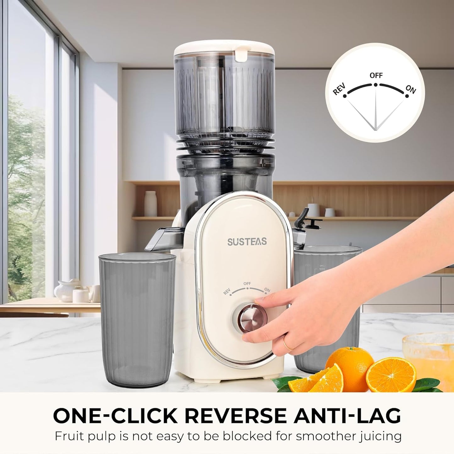 SUSTEAS Cold Press Juicer, 5.3" Feed Chute Slow Masticating Machines with 300W, Fit Whole Fruits & Vegetables, Easy to Clean, High Juice Yield, White