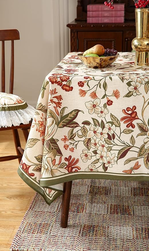 ISAENNE Designer Bohemian Linen Long Tablecloth Rectangle,Colorful Floral Pattern Table Cloth,Wrinkle Resistant Decorative Tablecloths for Dining Thanksgiving Kitchen Party,63"*102"-Grace A