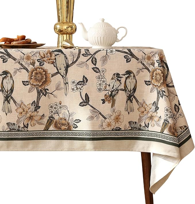 ISAENNE Designer Vintage Linen Tablecloth Rectangular,Floral and Bird Pattern Elegant Table Cloth,Fall Wrinkle Resistant Decor Tablecloths for Dining Kitchen Party Christmas,55"*79"-Murad A