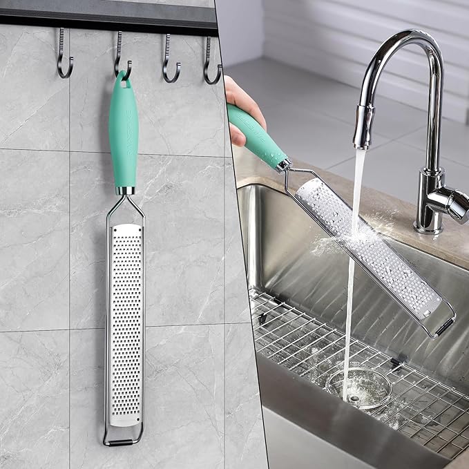 Rainspire Zester Grater with Handle, Lemon Zester Cheese Grater for Kitchen Stainless Steel, Parmesan Cheese Garlic Nutmeg Chocolate Fruits Vegetables Ginger Grater, Fine, Mint Green