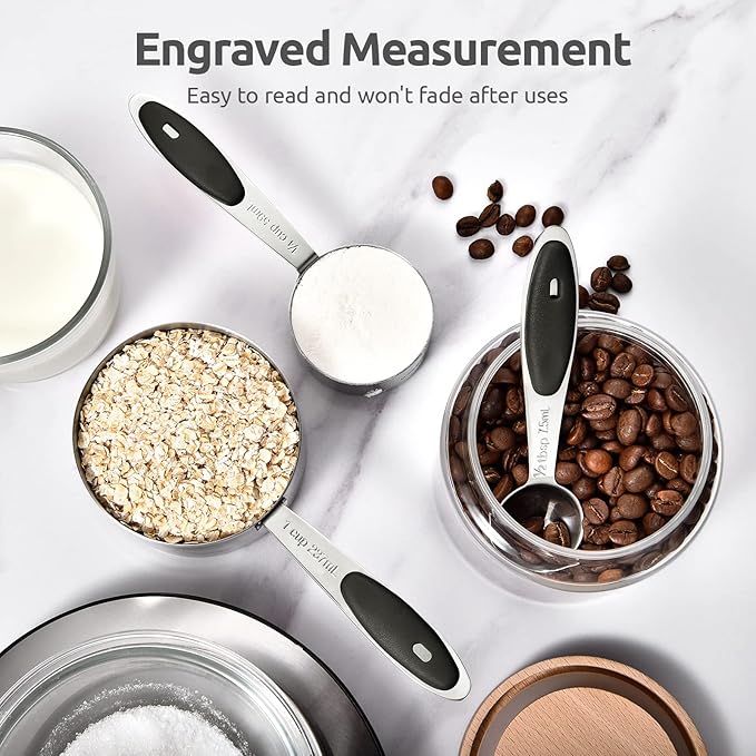 Measuring Cups and Spoons Set: U-Taste 18/8 Stainless Steel 10 Pieces Metal Stacking Kitchen Baking Cooking Food Measure Set 5 Cups 5 Spoons with Strengthened Weld Joints (Black, Upgraded Version)