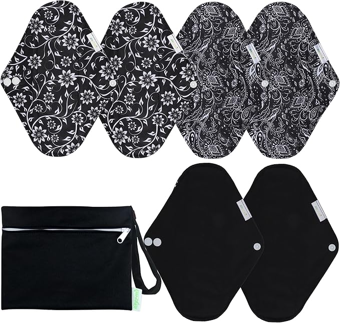 wegreeco Reusable Menstrual Pads - Reusable Sanitary Pads | Reusable Panty Liners | Soft Cloth Menstrual Pads - 6 Pack with 1 Cloth Mini Wet Bag (Medium, Black Flowers)