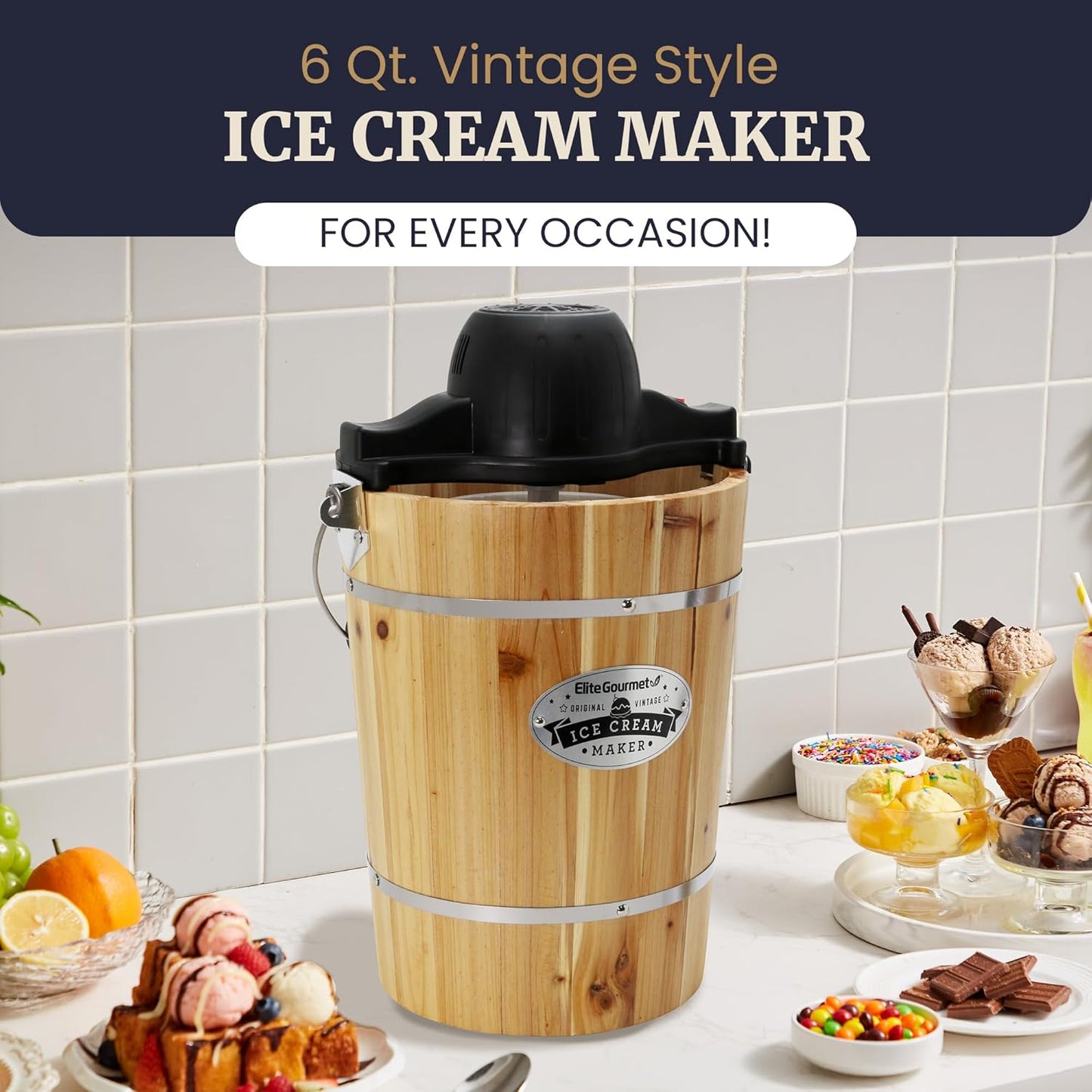 Elite Gourmet EIM916 Old Fashioned 6 Quart Vintage Wood Bucket Electric Ice Cream Maker Machine Appalachian, Bonus Classic Die-Cast Hand Crank for Churning, Uses Ice and Rock Salt