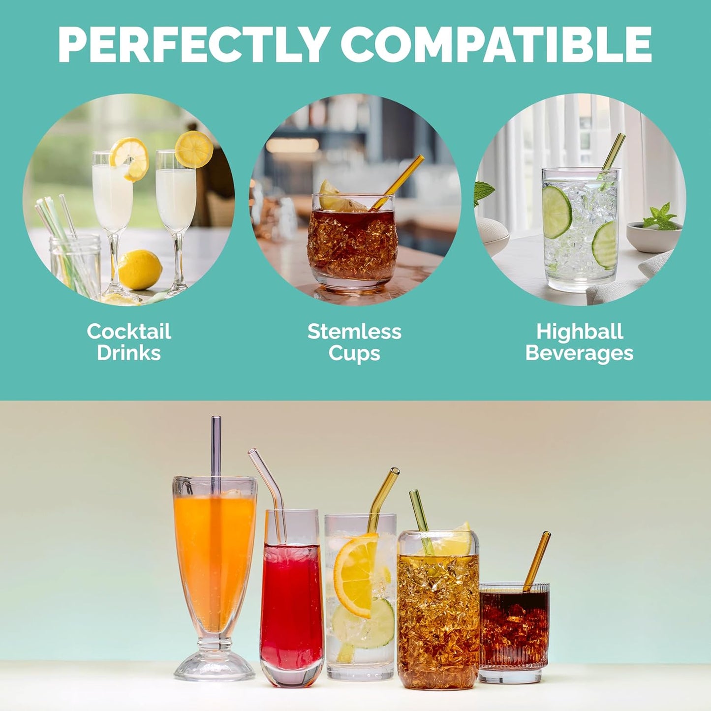 Simply Straws 6 Inch Skinny Glass Straws (6-Pack) - Reusable Cocktail Straws for Mixed Drinks, Low Balls, Coffee & Tea, with Cleaning Brush – Dishwasher Safe, Hot & Cold Use, BPA-Free (Iridium)