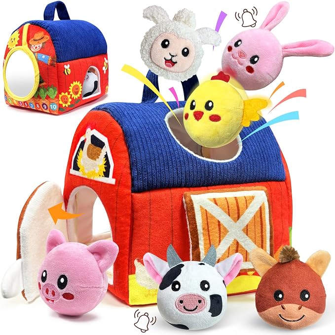Baby Toys 6-12 Months - Infant Barn Toy with Stuffed Farm Animals, Rattle, Crinkle, Squeak, Mirror - Montessori Sensory Toys for 6 7 8 9 10 12 Month Old Babies, 1 Year Old Baby Boy Girl Gifts