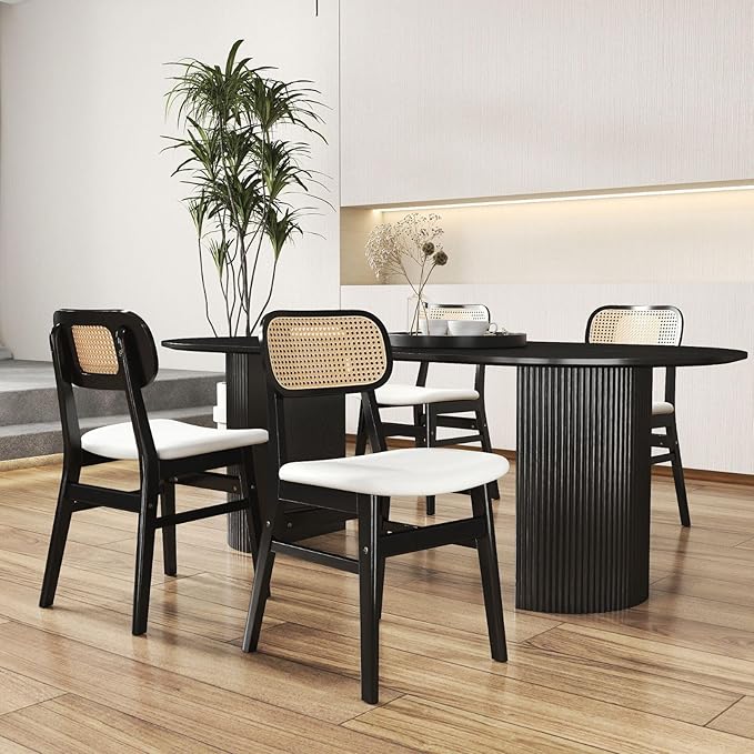 Black Rattan Dining Chairs Set of 4 Lambswool Dining Room Chairs Natural Wooden Kitchen Chairs Farmhouse Boho