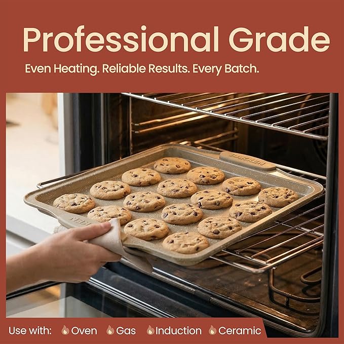BAKKEN Kitchen Baking Pans - 15.15 x 10.03" Medium Nonstick Sheet, Durable Carbon Steel Cookie Sheet with White Silicone Handles, PFOA, PFOS, PTFE Free, Oven Safe Tray (Up To 450°F), Set of 1