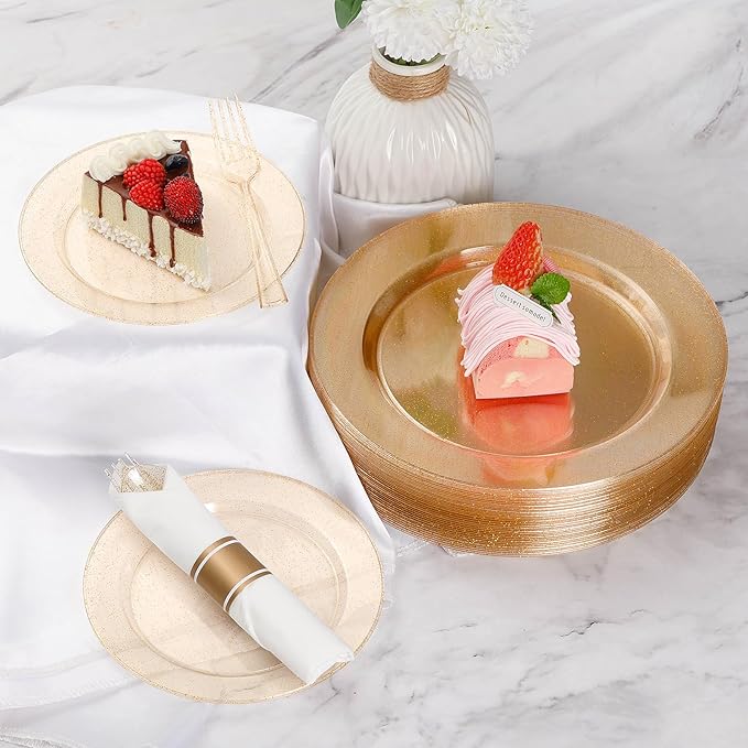 Goodluck 350 Piece Gold Glitter Plastic Dinnerware Set for 50 Guests, Disposable Plates for Party, Include: 50 Dinner Plates, 50 Dessert Plates, 50 Rolled Napkins with Silverware, 50 Cups