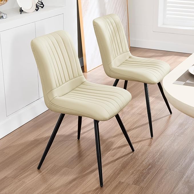 Dining Chairs Set of 2, Modern Dining Chairs with Thick Cushions, PU Leather Upholstered Kitchen Dining Room Chairs with Metal Legs for Dining Living Room (Khaki)