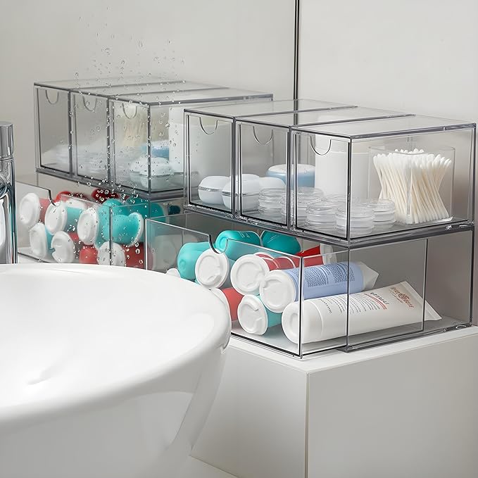 Coffee Pod and Tea Bag Organizer Drawer – Crystal-Clear Acrylic Tea Bag Drawer, Easy to Clean & Stackable for K-Cups, Tea, Sugar Packets in Office, Gym & Kitchen Cupboard (4-Pack)