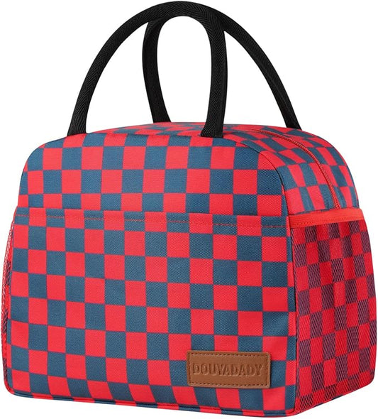 douyadady Lunch Bag Women/Men Lunch Box Women/Men (Dark blue+Red Checkerboard)