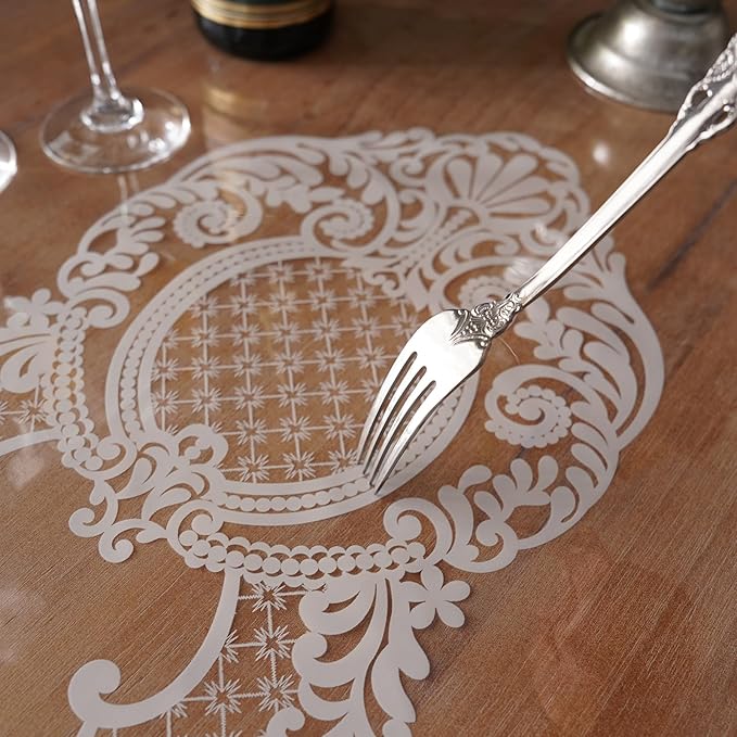 Rectangle Waterproof Clear Table Cover Protector Vinyl Table Cloth Oil Spill Proof Wipe Clean Lace Plastic Tablecloths for Dining Tables (White, 60 x 120 Inches)