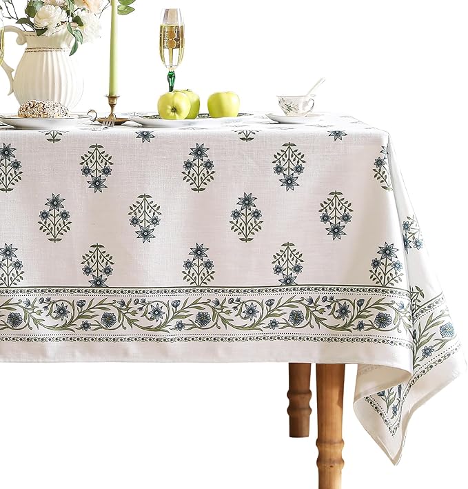 ISAENNE Designer White Linen Table Cloth for Rectangle Table,Chinoiserie Floral Elegant Indoor Tablecloth,Fall Stain Proof Decor Tablecloths for Dining Thanksgiving Kitchen,55"*79"-Mosella F