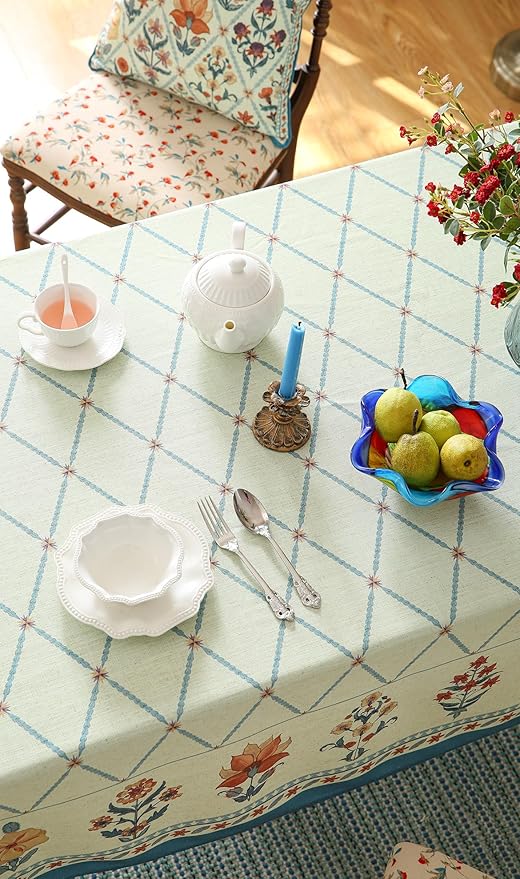 ISAENNE Designer Linen Floral Rectangular Tablecloth,Light Green Farmhouse Durable Table Cloth,Washable Decor Tablecloths for Dining Kitchen Thanksgiving Christmas,55"*87"-Floralsea B