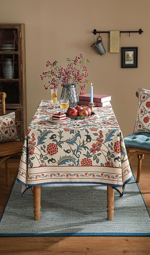 patdrea Designer Vintage Linen Tablecloth for Rectangle Table,French Soft Durable Floral Tablecloths,Colorful Table Cover for Kitchen Dining,Parties,Christmas,Thanksgiving,Party,63"x87"-Puno