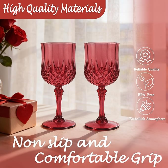 Plastic Wine Glasses, Plastic Goblets Vintage Style Cordial Unbreakable Drinking Glasses, Reusable Drinkware for Wedding Reception, Grand Event Party Supplies, Mother's Day (24, Burgundy)