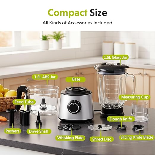 Simple Deluxe Food Processor Blender Combo, 300W Multifunctional Electric Kitchen Tool with 1.5L Glass Jar & 6-Cup Chopper, Ideal for Slicing Dough Meat Puree, 2 Adjustable Speeds & Safety Lock, Black