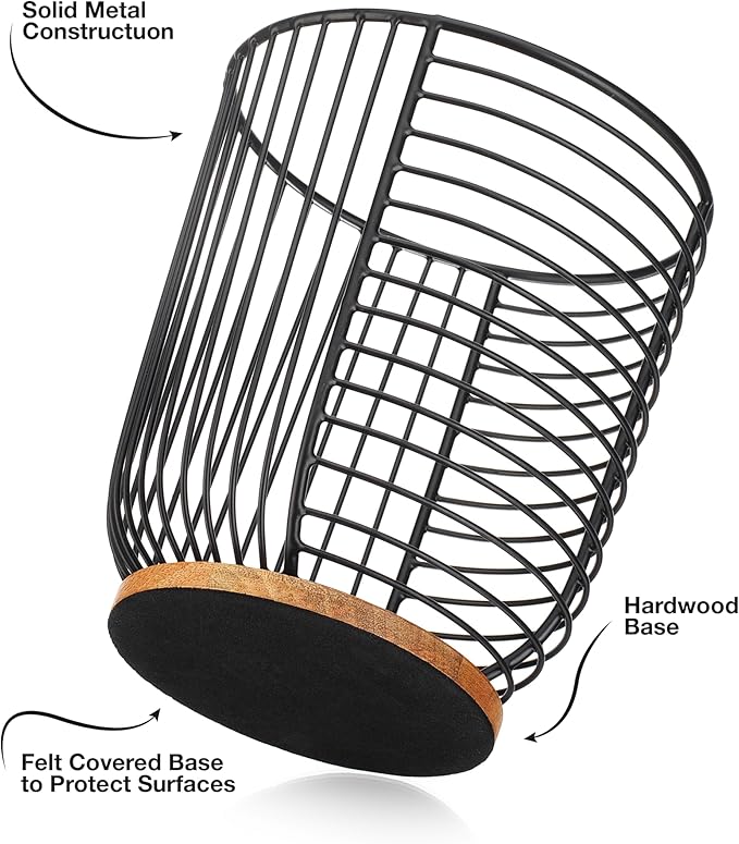 MosJos Coffee Pod Holder -Black Wire K Cup Storage with Wooden Base - Large Capacity Slim Design - Modern Coffee Basket Decor for Kitchen Countertop for Keurig Kcups & Espresso Capsules