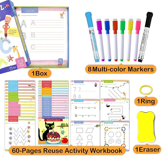 Preschool Learning Activities 60 Reusable Pages, Tracing Letter Number Handwriting Practice Book for Kids, Montessori Autism Educational Fine Motor Toddler Learning Toys for 3 4 5 Year Olds