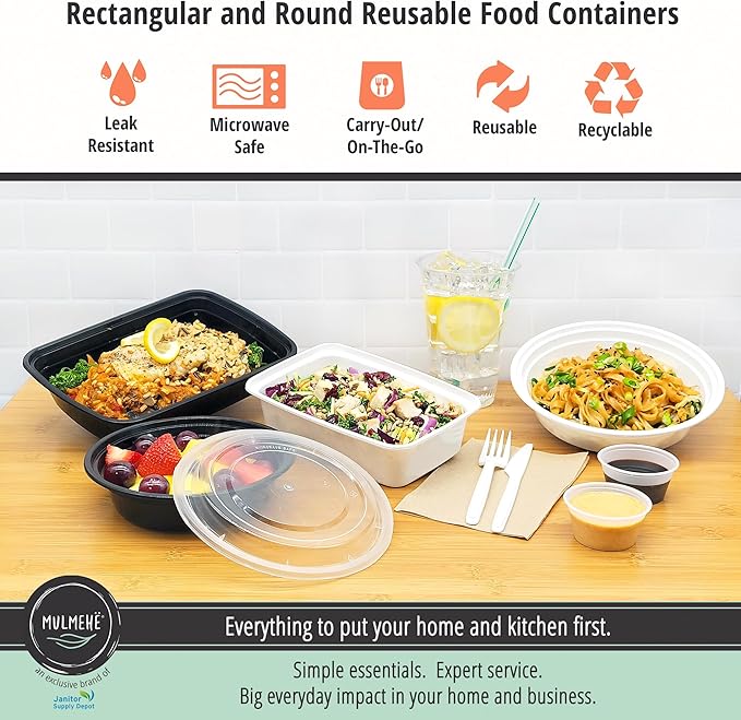 MULMEHË Plastic Meal Prep Take-Out Container and Lid Combo, 12 oz, Microwaveable, Rectangular, Black, 5.5x2.5x1.5”, Set of 150