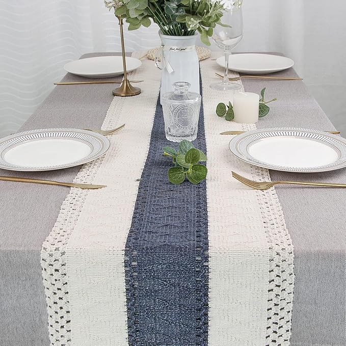 FEXIA Boho Table Runner 36 Inches Long with Tassels Farmhouse Rustic Cream & Blue Macrame for Dining Bedroom Home Baby Bridal Shower Decor(12x36 Inches)