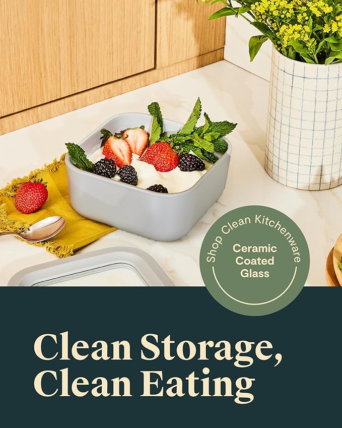 Caraway 2pc Glass Food Storage Set - 4.4 Cup Food Containers (2) - Ceramic Coated - Non Toxic, Non Stick Lunch with Lids - Dishwasher, Oven, & Microwave Safe - Cream