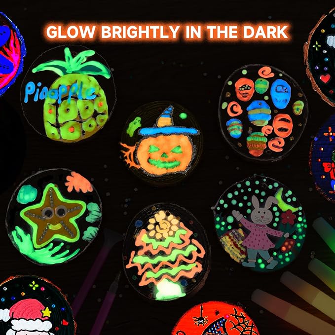 Kids Wood Painting Craft Kit, Glow-in-the-Dark Paint and Diamond Painting on Wood Slices with Stickers & Wiggle Eyes, Ideal Arts and Crafts for Kids Ages 5-12, Gifts for Halloween, Christmas, Birthday