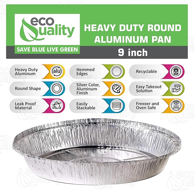 EcoQuality 9" Round Aluminum Foil Pans - Disposable Containers with Foldable Walls for Pie Baking, Cooking, Serving, Reheating, and Storing - Freezer and Oven Safe Tart Pan 100 Pack